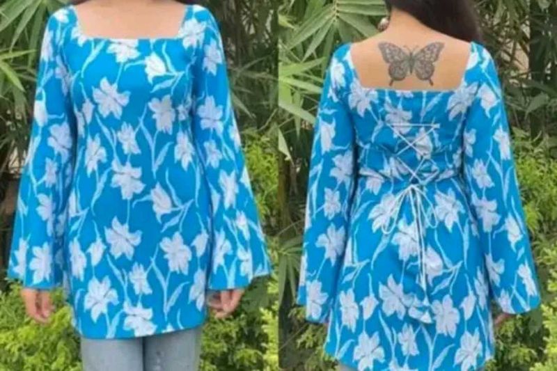 Blue Floral Print Kurta with Bell Sleeves