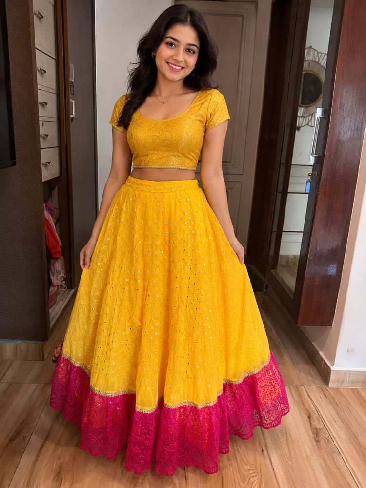 Yellow &amp; Pink Embroidered Lehenga