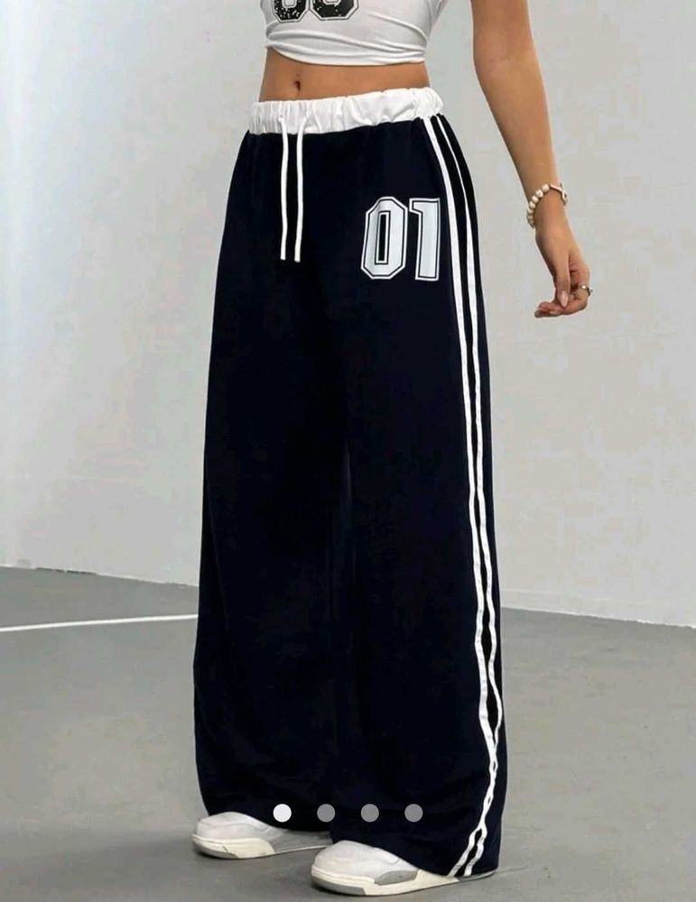 Navy Blue Wide Leg Track Pants