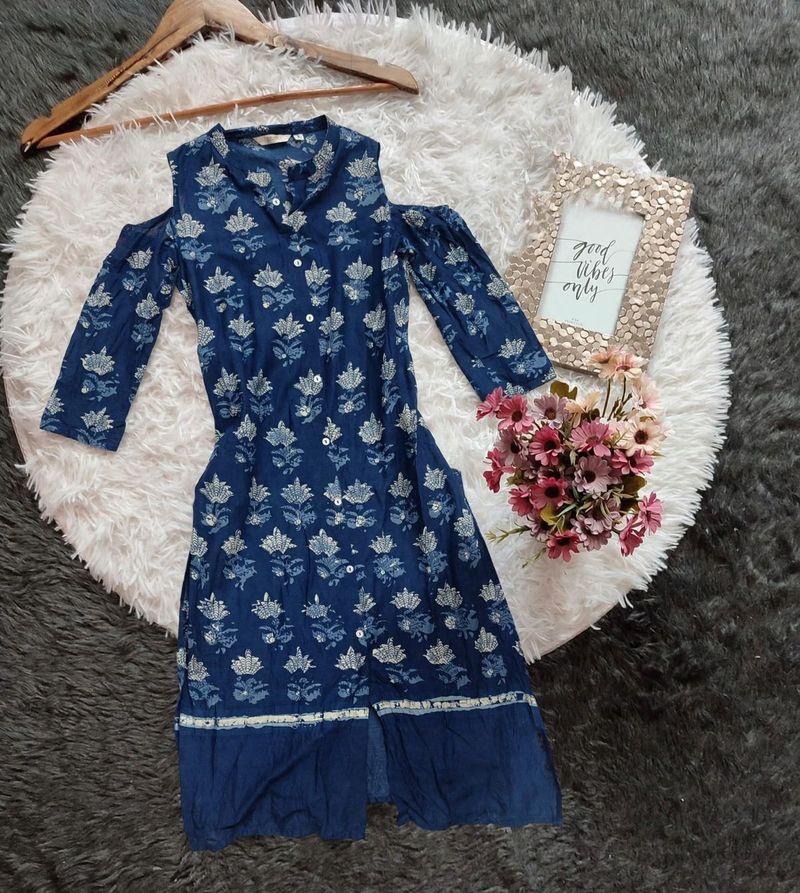 Blue Floral Cold Shoulder Kurta