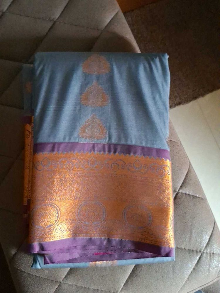 Unused Elegant Blue &amp; Orange Silk Saree