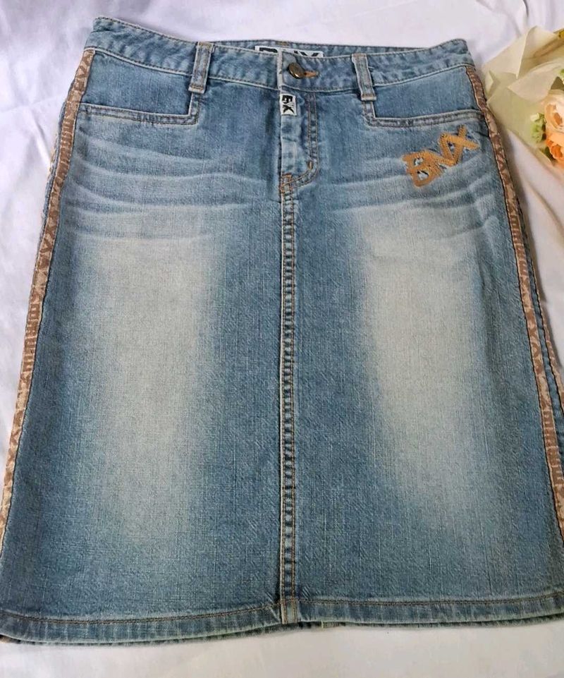 light-wash denim mini/midi skirt