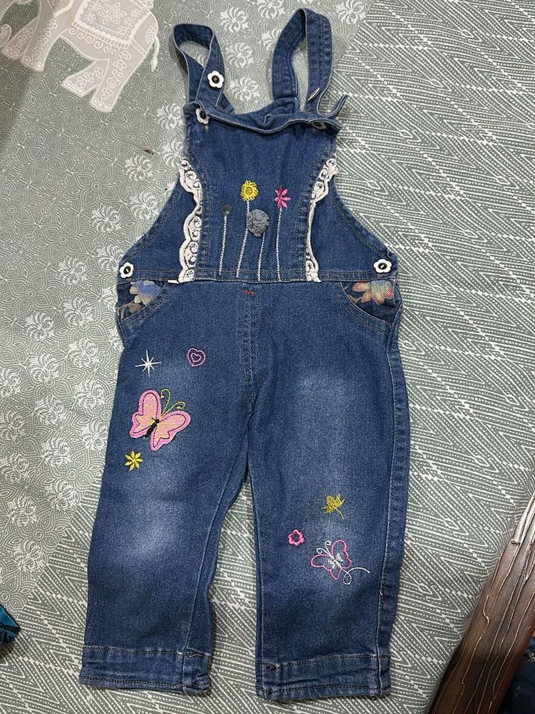 Cute Denim Overalls with Butterfly &amp; Flower Embroi