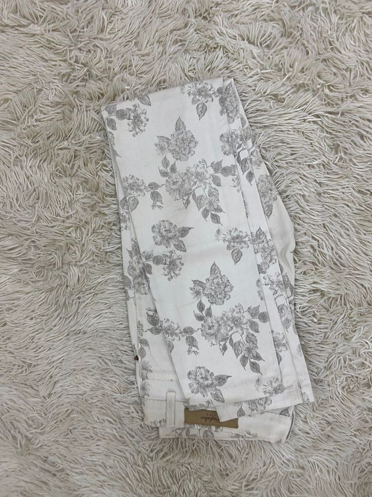 Floral Print White Jeans