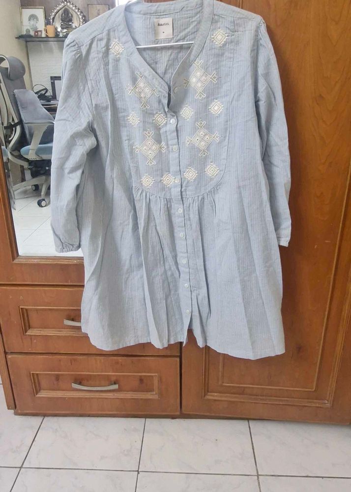 Powder Blue Embroidered Cotton Short Kurti