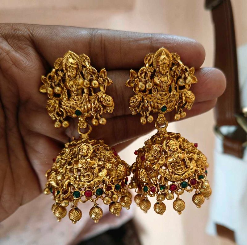 Intricate Gold Lakshmi Jhumka Earrings