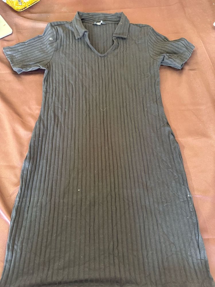 Ribbed Knit Collared V-Neck Dress