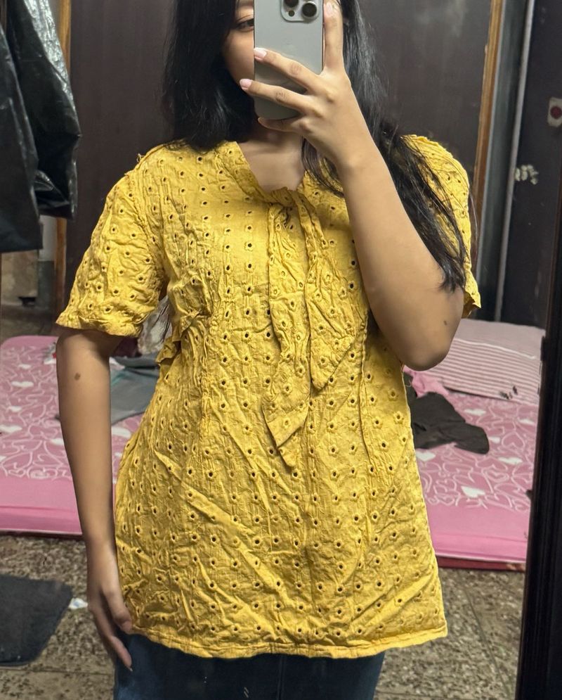 Yellow Eyelet Tie-Neck Top