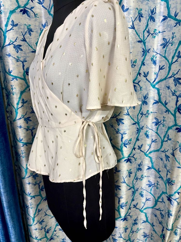 Chic Cream Polka Dot Wrap Top Scallop hem