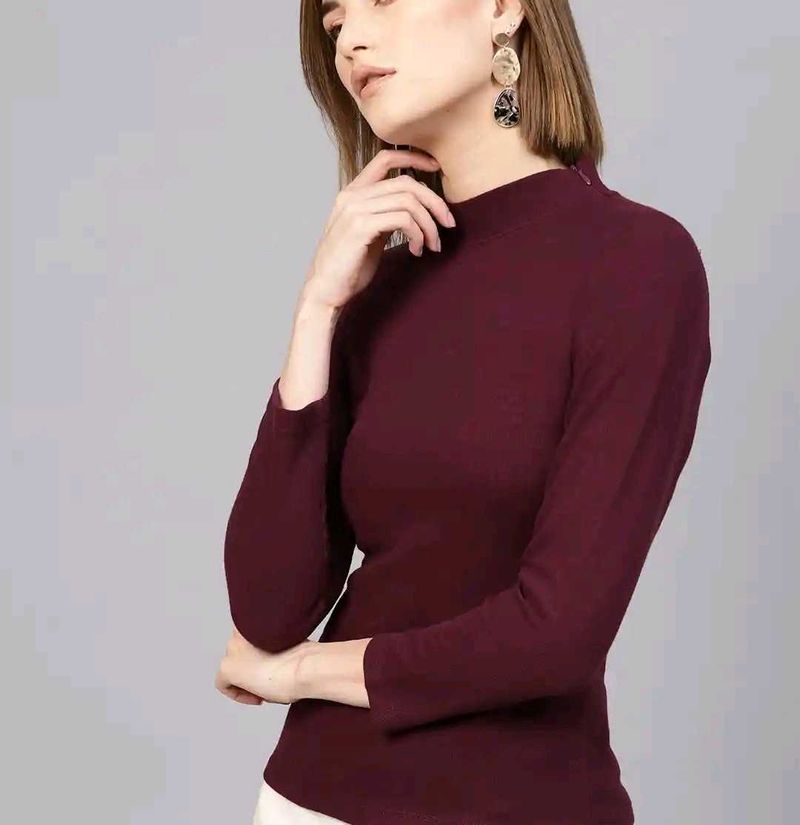 Maroon High Neck Long Sleeve Top