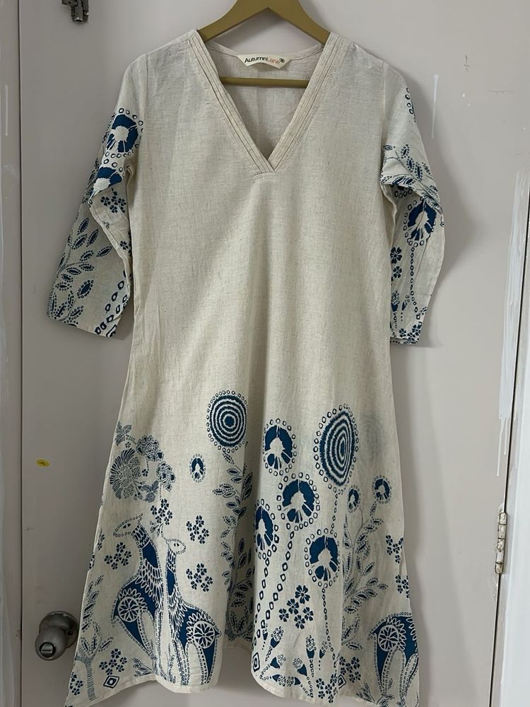 Cream Kurta with Blue Folk Print