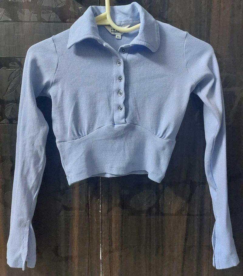 Cuffed Sleeves Solid Blue Top And Stripped Tee