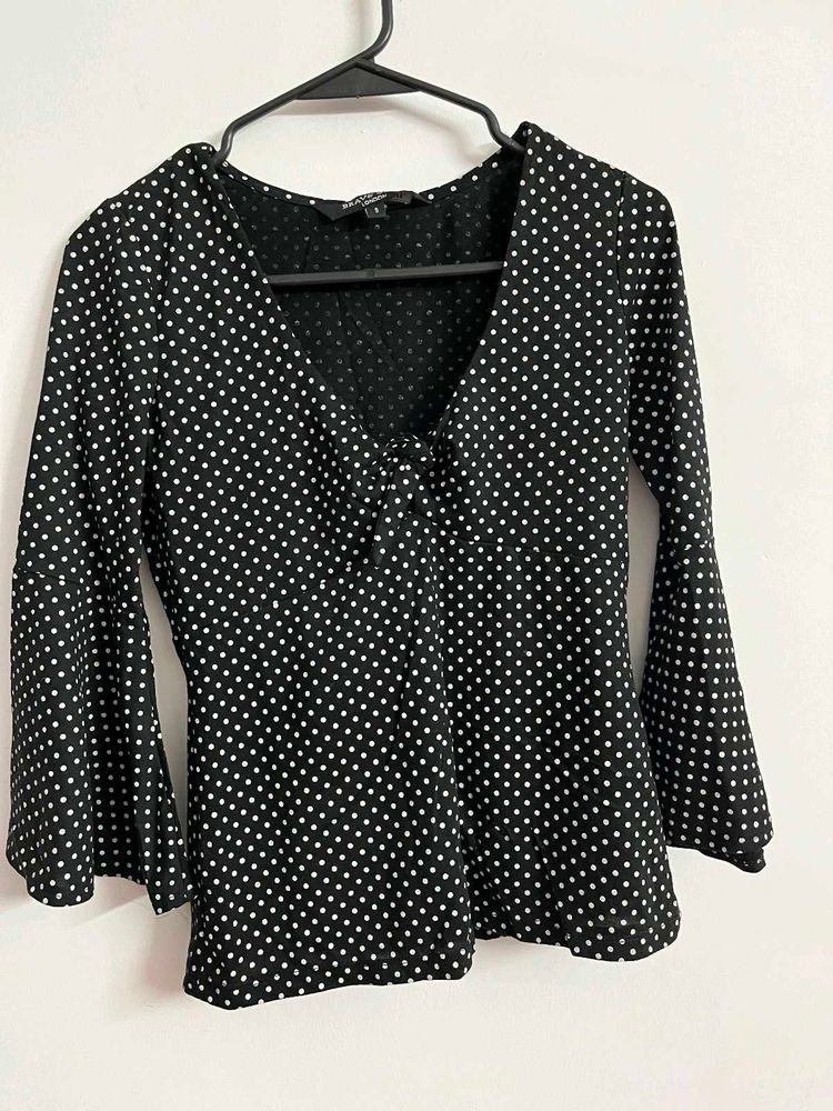 Chic Polka Dot Bell Sleeve Tie-Front Top