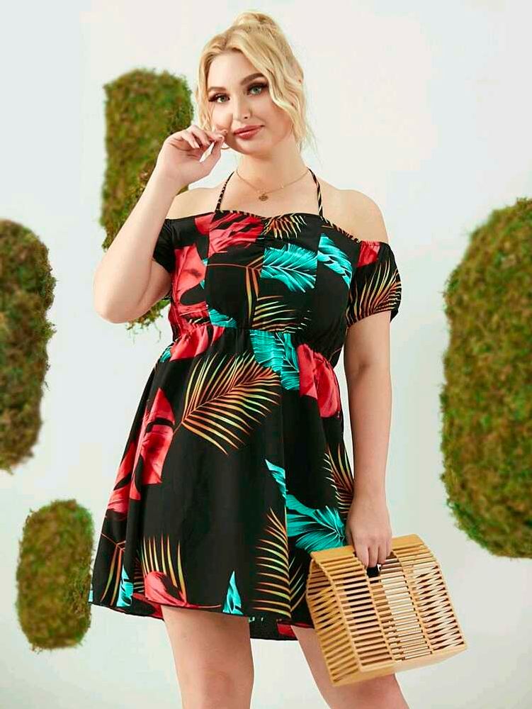 3129. Tropical Print Off-Shoulder Mini Dress