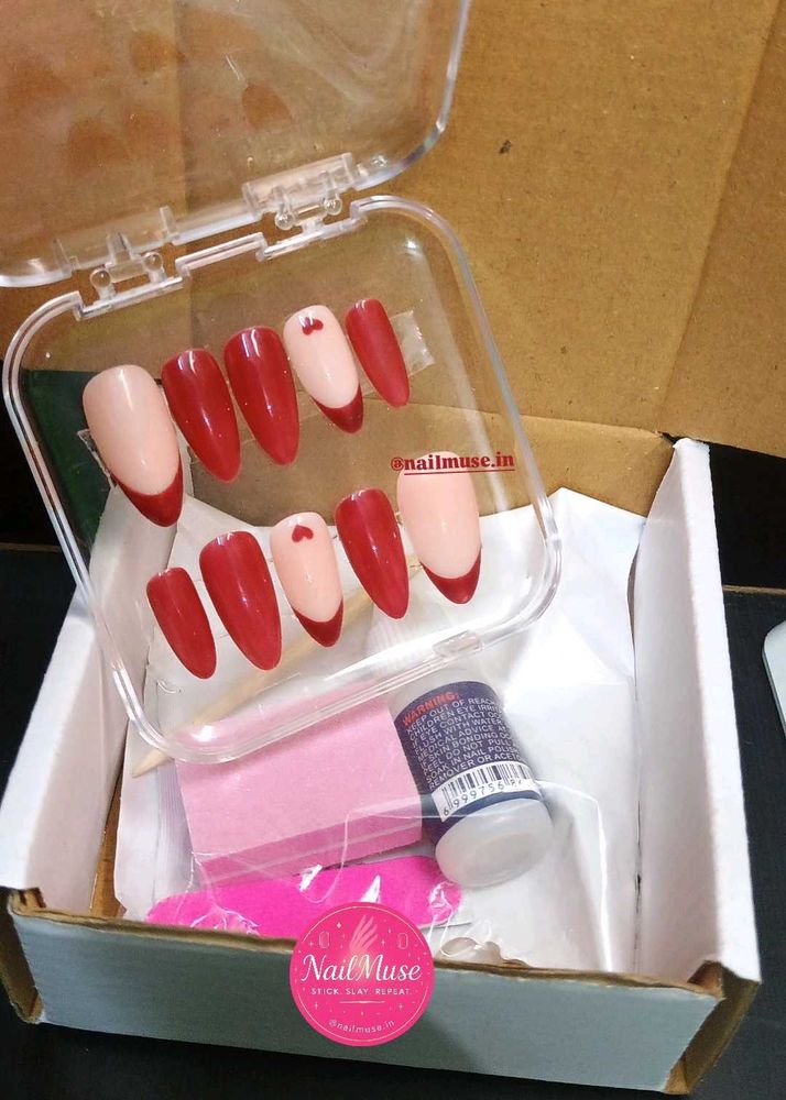 Red French Tip Press-On Nails with Hearts