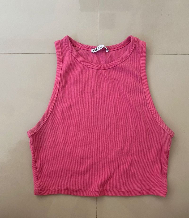 Pink Ribbed Cropped Tank Top