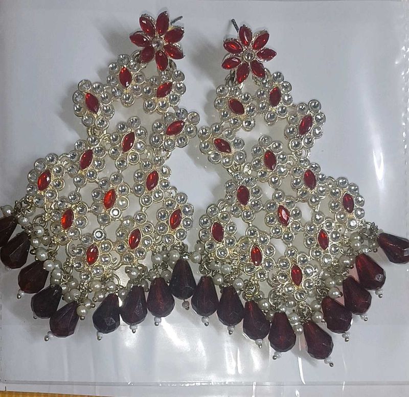 Exquisite Red &amp; Pearl Drop Earrings