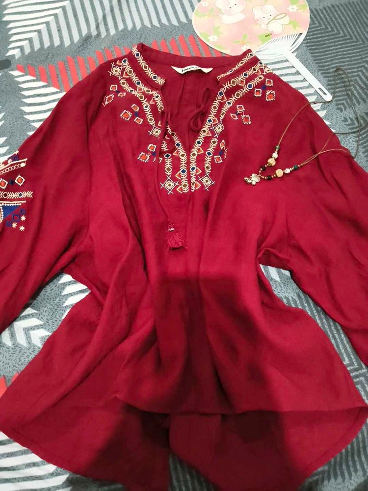 Chinese Embroidered Red Kurta Top