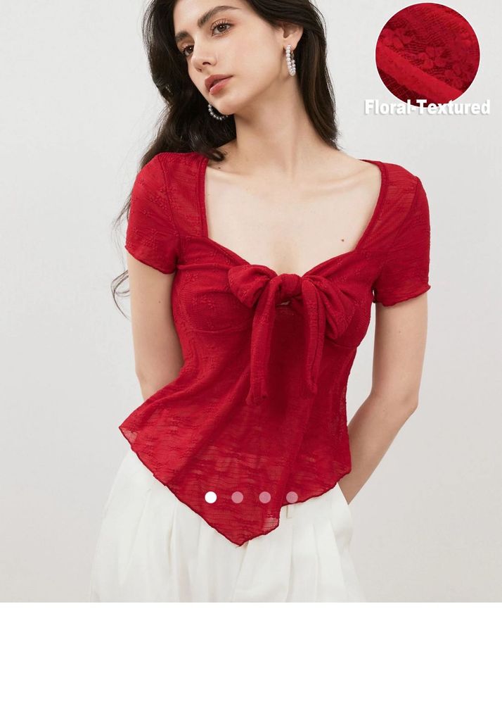 Chic Red Textured Square Neck Tie-Front Top
