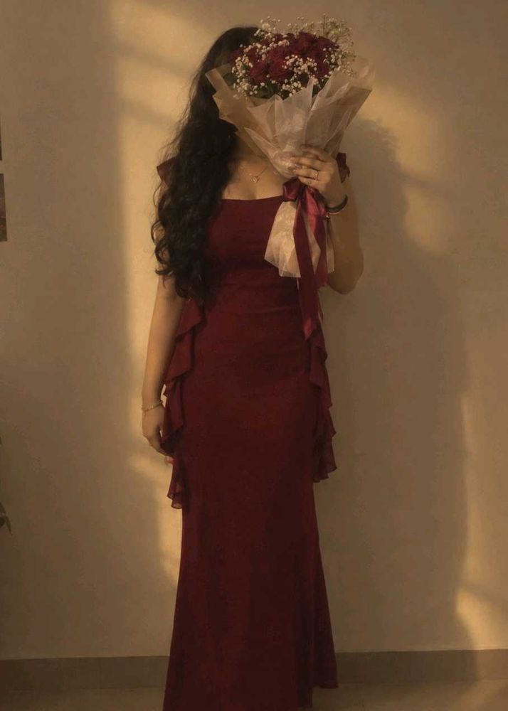Elegant Maroon Gown with Ruffles