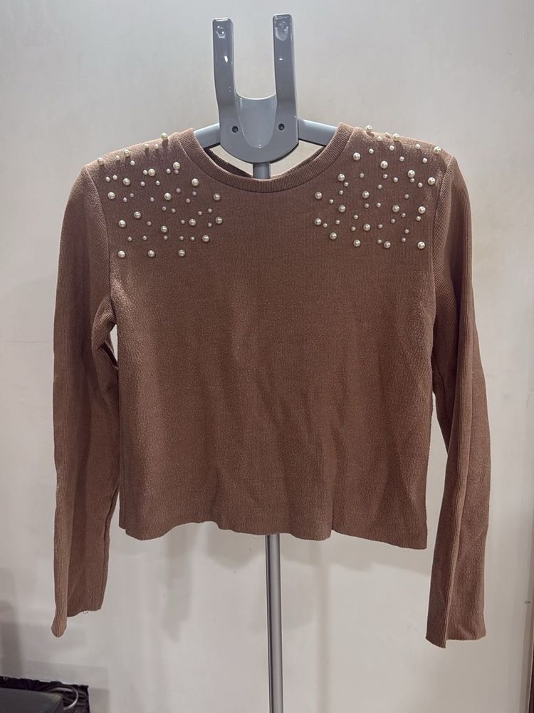 Brown Pearl Embellished Long Sleeve Top