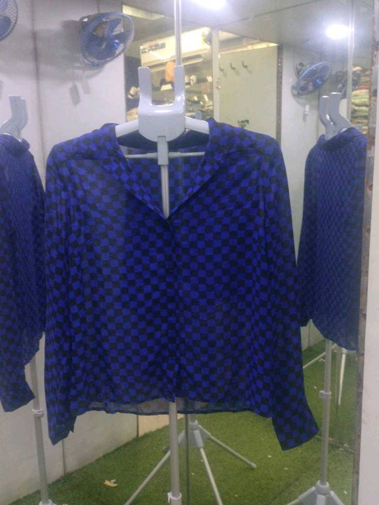 Blue Checkered Sheer Button-Up Shirt