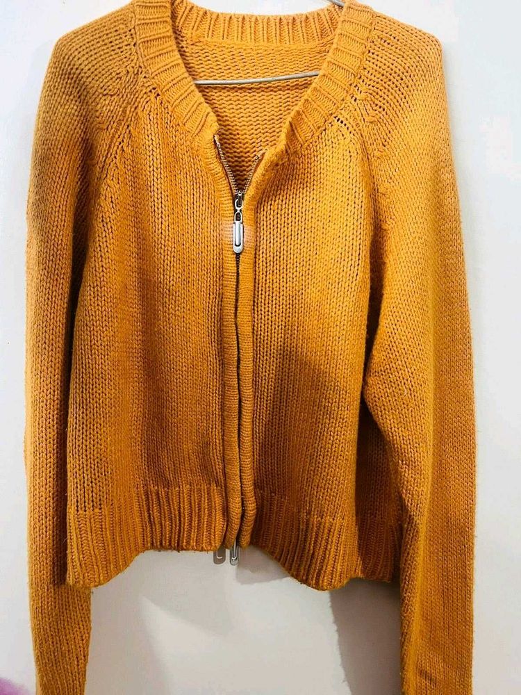 Orange Zip-Up Knit Cardigan