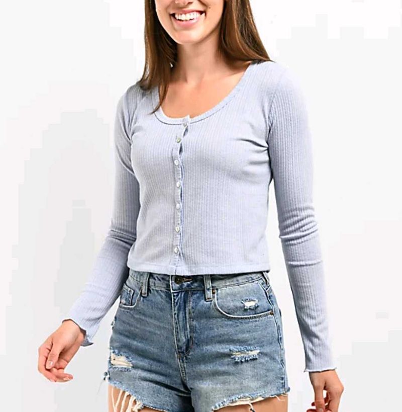 Ribbed Button-Up Long Sleeve Top