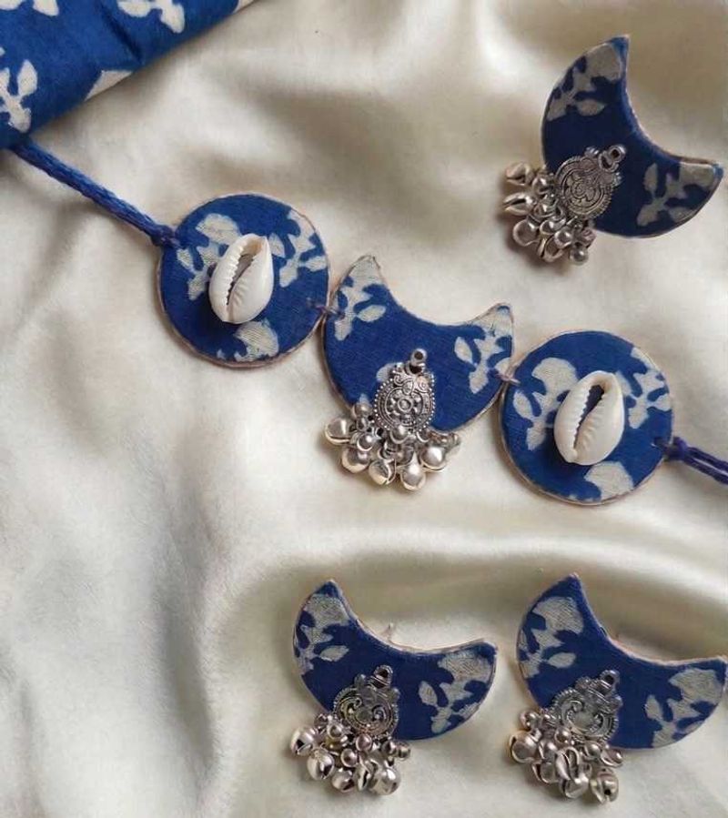 Boho Blue &amp; White Fabric Jhumka Set