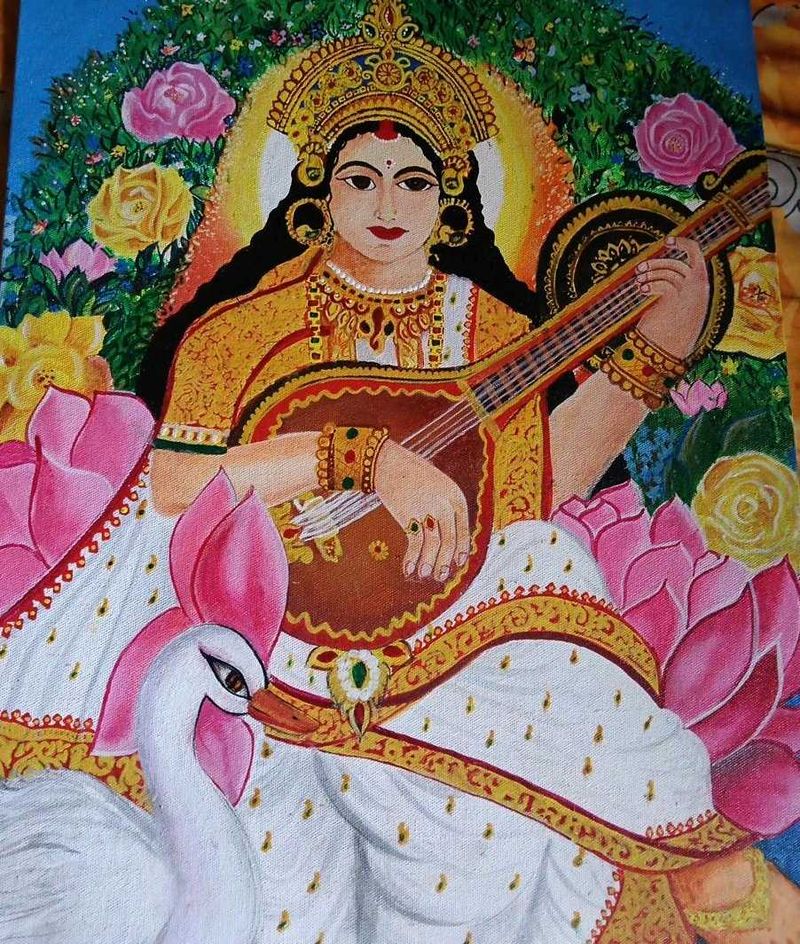 Saraswati Idol Canvas with Veena and Swan