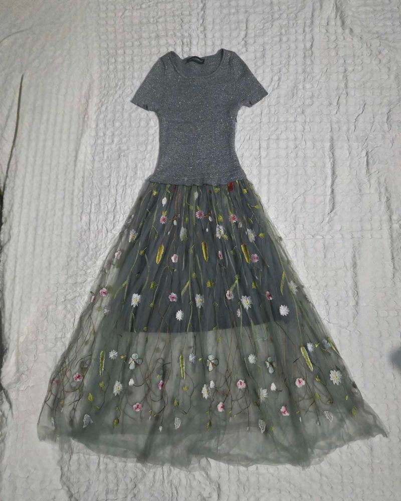 Dolce&amp;Gabbana Sparkly Grey Tulle Embroidered Dress
