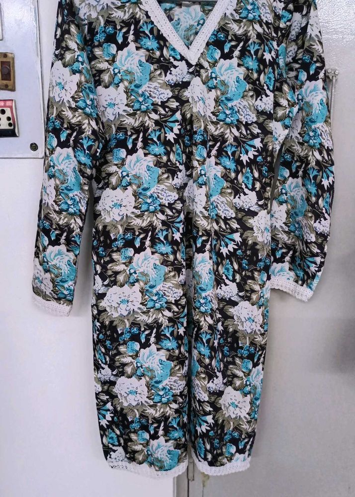 Floral Print Kurta with Lace Trim