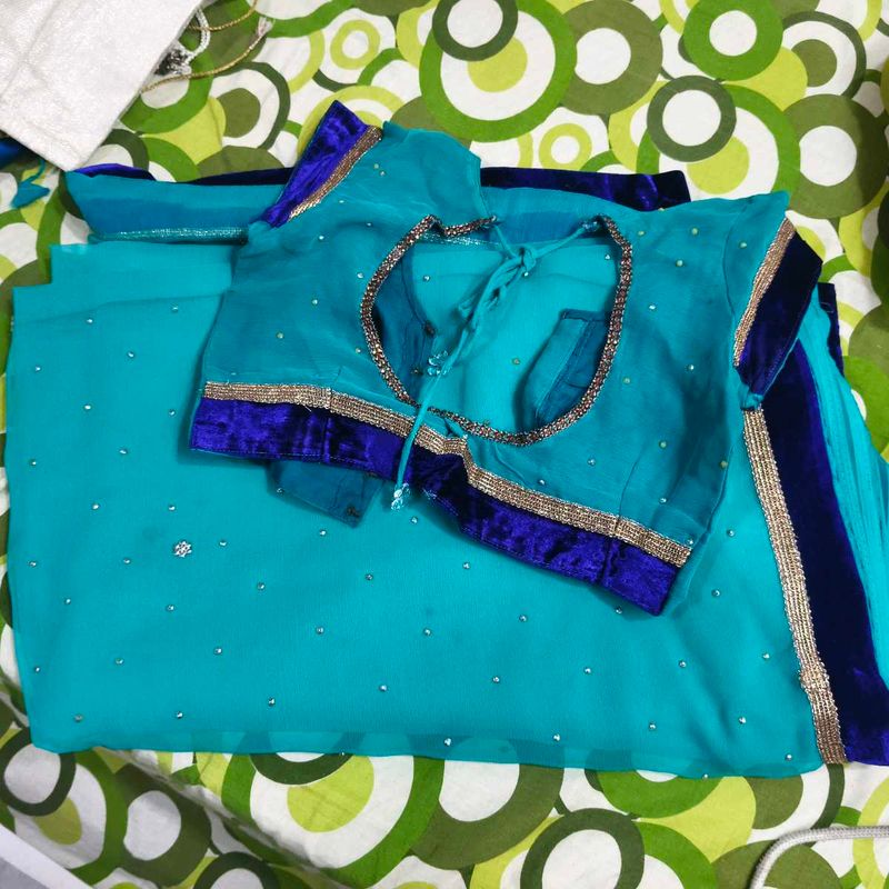 Teal Saree with Embellished Blouse