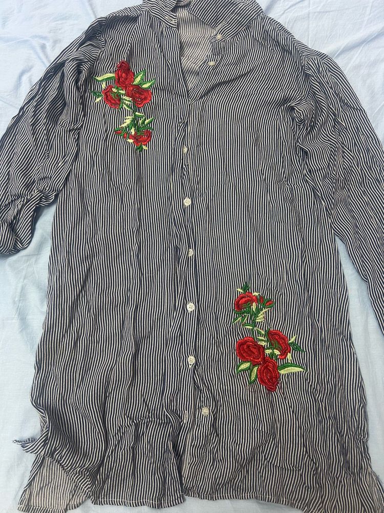Striped Button-Up Tunic with Floral Embroidery