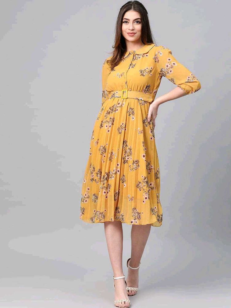 🌼 Floral Mustard Midi Dress 🌼