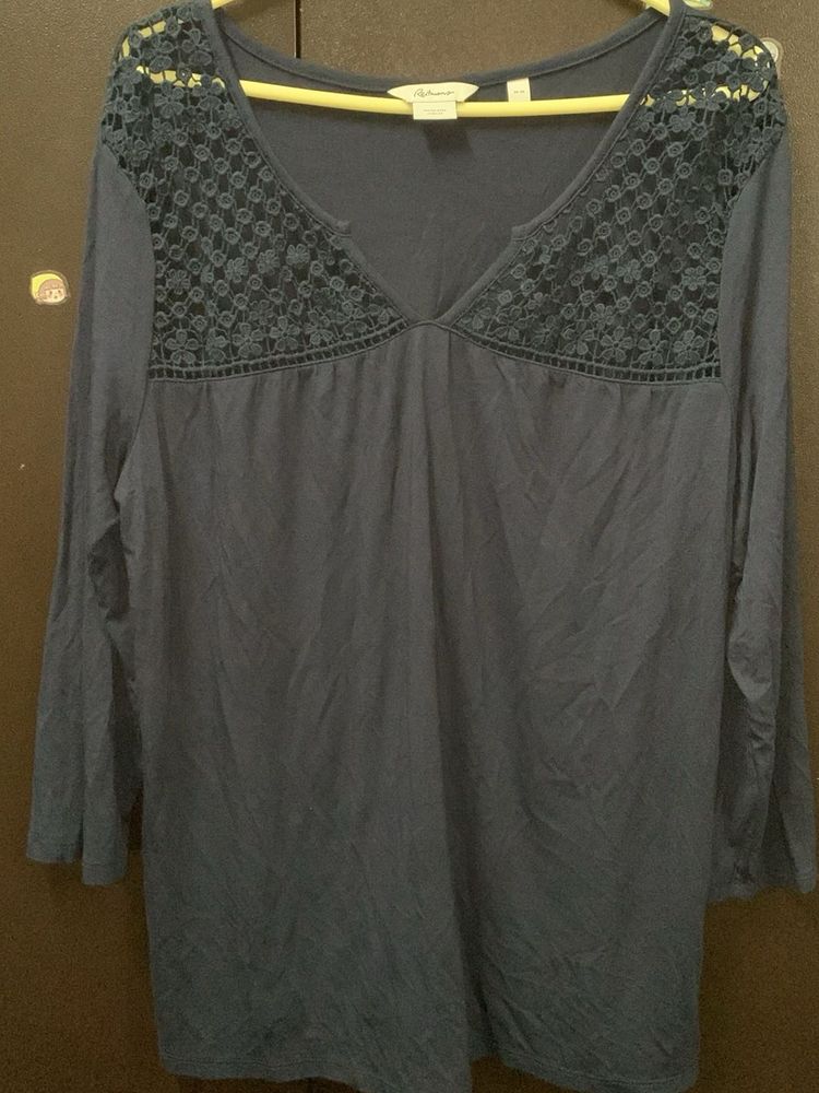 Navy Blue Lace Trim V-Neck Top