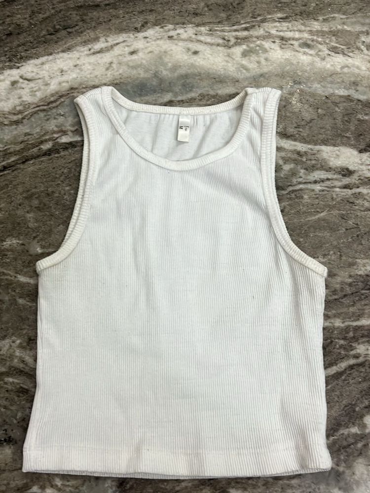 White Ribbed Cropped Tank Top