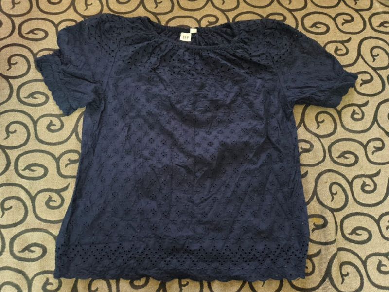 Navy Eyelet Puff Sleeve Top