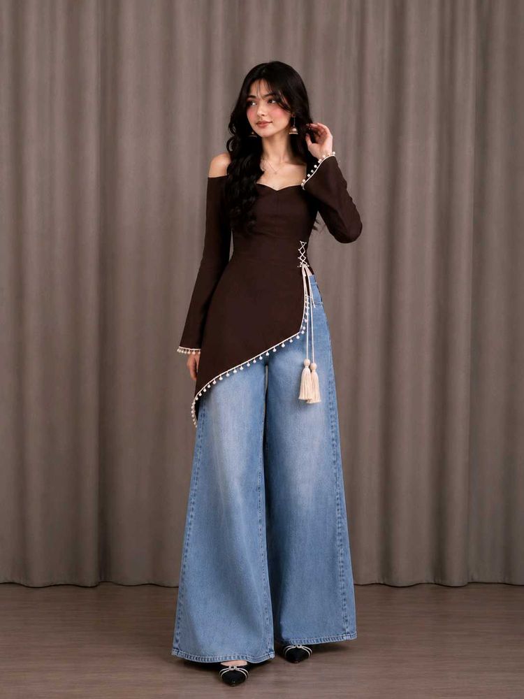 stylish brown cold shoulder kurti