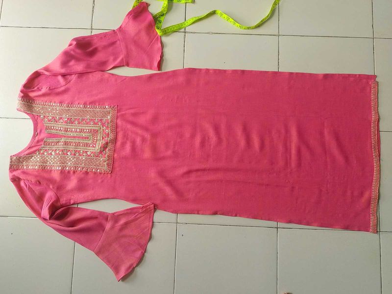 Pink Kurta with Embellished Neckline
