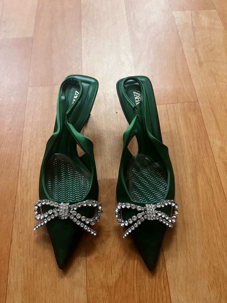 Zara Green Jewel Bow Heels