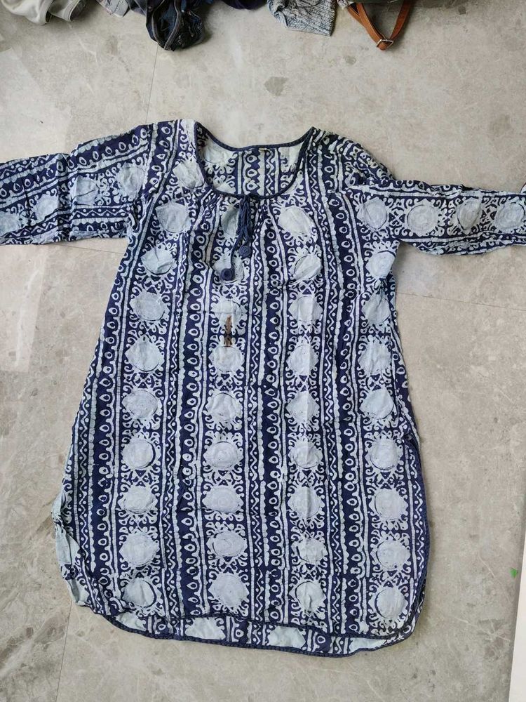 Blue and White Printed Cotton Kurta