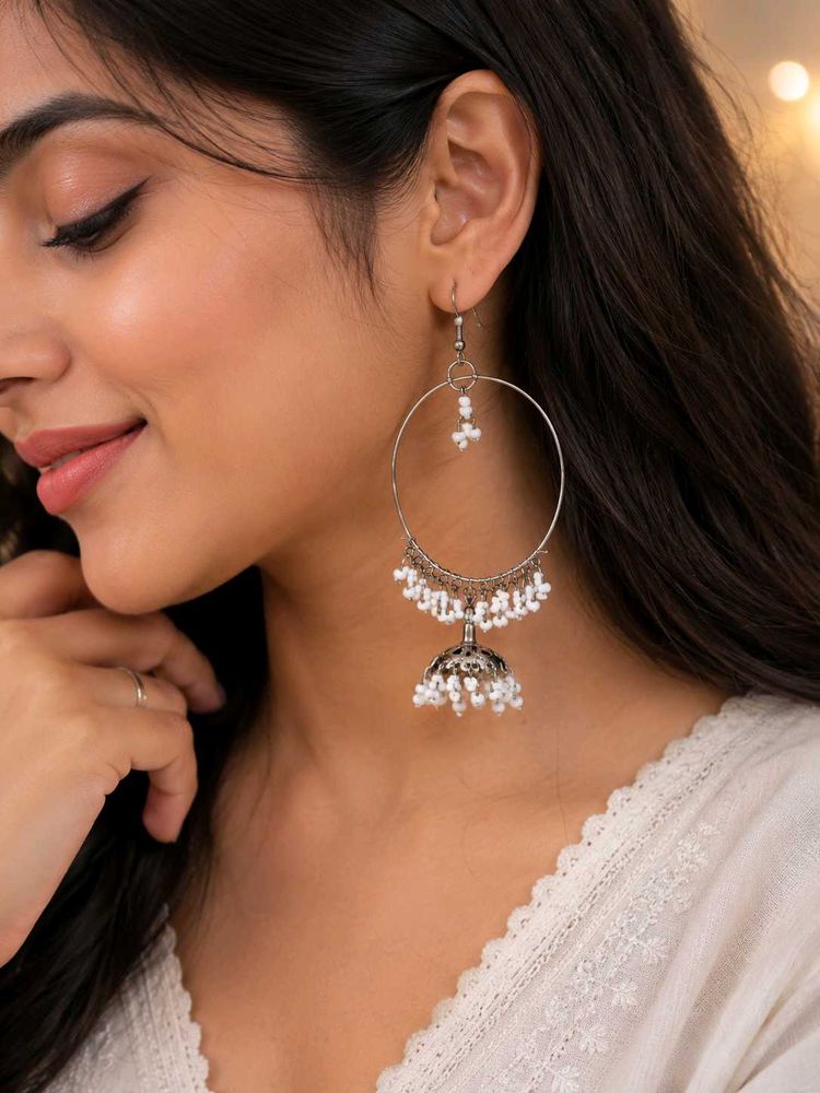 White Pearl Hoop Jhumka Earrings ✨