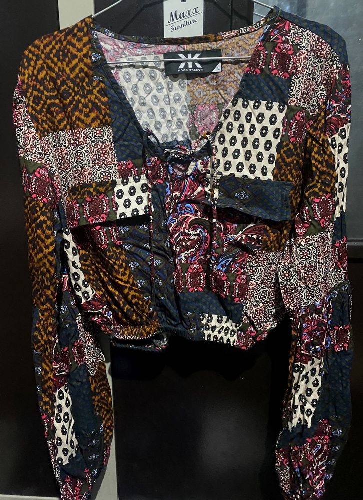 Boho Patchwork Print Long Sleeve Crop Top