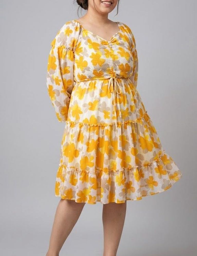 Yellow Floral Tiered Mini Dress