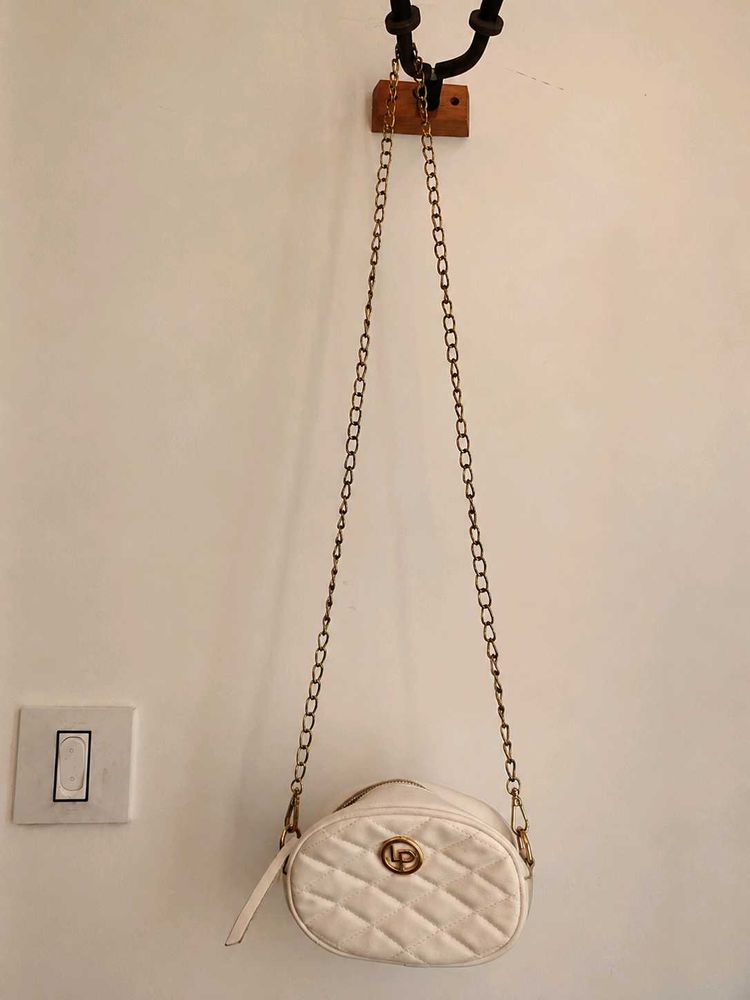 🤍 White Quilted Mini Sling Bag | Gold Chain
