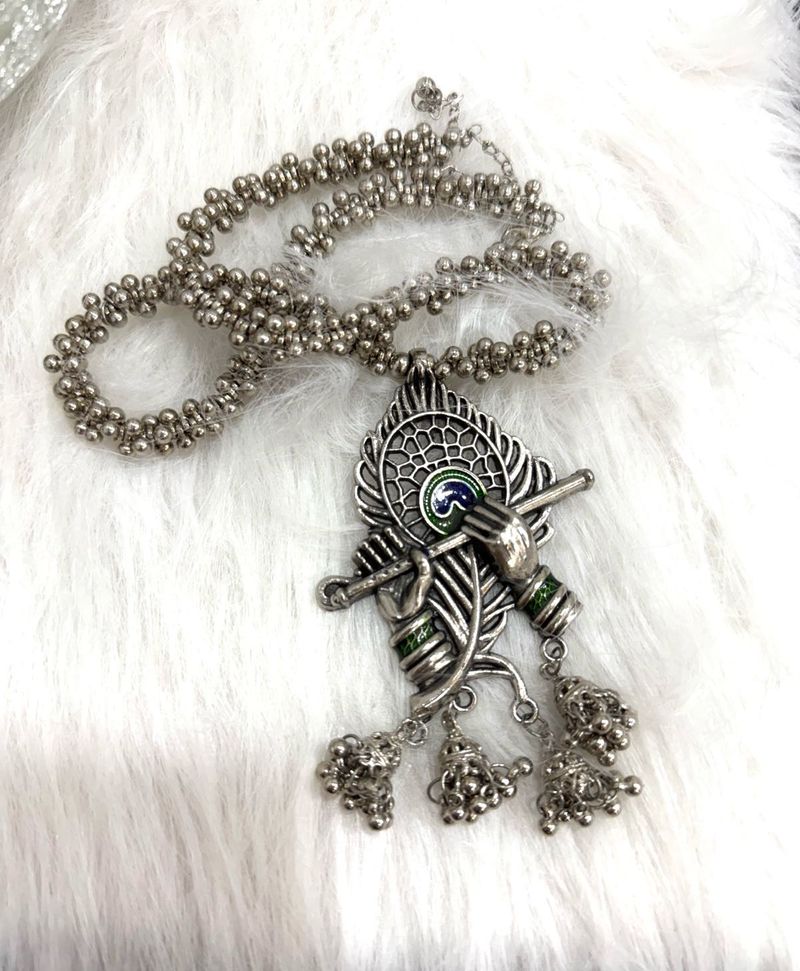 Krishna Feather &amp; Flute - Oxidised Necklace