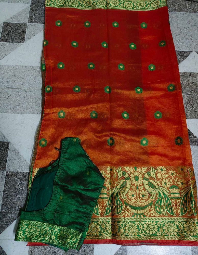 Orange Silk Saree with Green Blouse