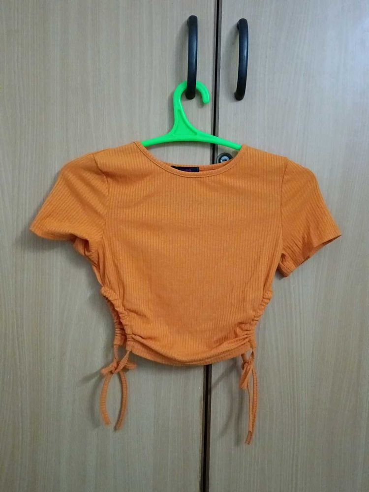 Orange Ribbed Crop Top with Drawstrings