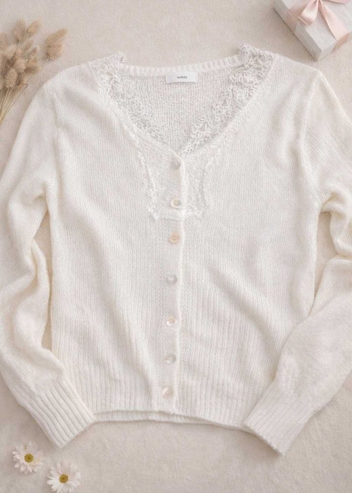 White Lace Trim Cardigan Sweater